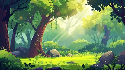 The summer forest glade is a scene of a jungle or garden in daylight. Modern illustration of trees, lianas, stones and sunshine spots on grass in the summer forests.