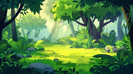 In sunlight, a summer forest glade with green grass. Cartoon illustration of a forest landscape with trees, lianas, stones and sun spots on grass.