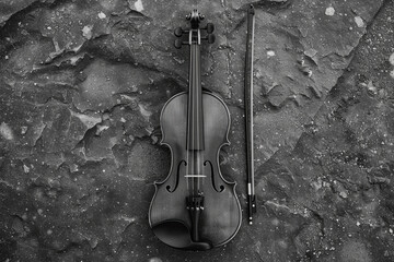 Violin in black and white on the ground