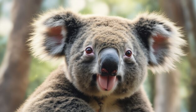  a close - up of a koala's face with its mouth open and it's tongue hanging out.