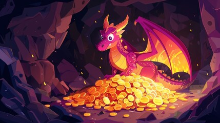 A dragon guards a gold pile in a cave, a fantasy character guards a treasure in a mountain cavern. Cartoon illustration of a medieval fairytale creature, flying animal, or a character from a book or - obrazy, fototapety, plakaty