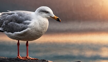  a seagull standing on a rock in front of a body of water with a sunset in the background.