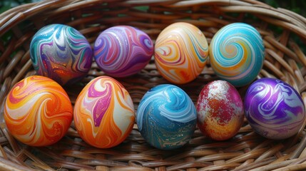 Fototapeta na wymiar a wicker basket filled with marbled eggs in different shades of blue, orange, yellow, and pink.