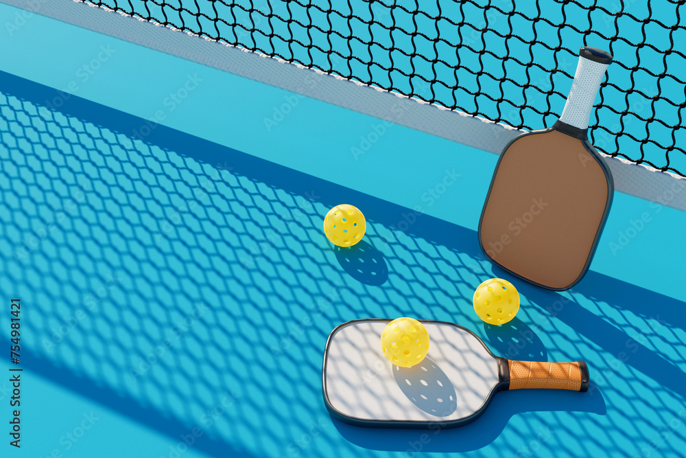 Wall mural pickleball rackets and balls next to the net on a sports court. 3d rendering