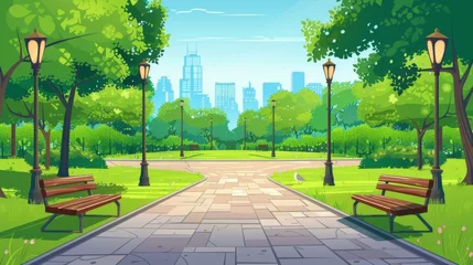 Poster An empty public park with green trees and benches in the summer scenery. Drawing of a city park with benches. Cityscape background, perspective view of street lamps along a pathway. Cartoon modern © Mark