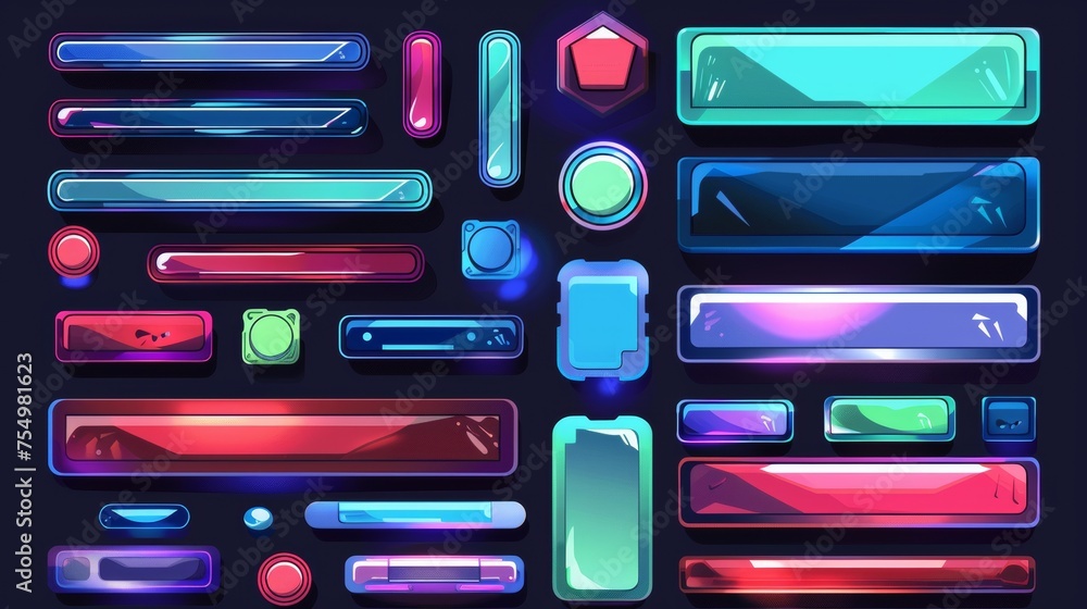 Poster isolated illustration of game frames, bars, and menu buttons. empty borders with banners, colors, pl