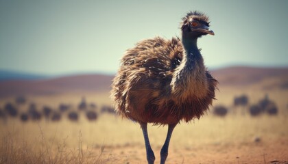  an ostrich standing in the middle of a field with a group of birds in the distance in the background.