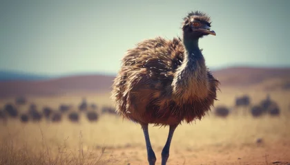 Foto op Plexiglas  an ostrich standing in the middle of a field with a group of birds in the distance in the background. © Velko