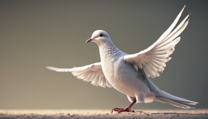  a white bird with it's wings spread wide open and it's legs spread wide, standing on the ground.