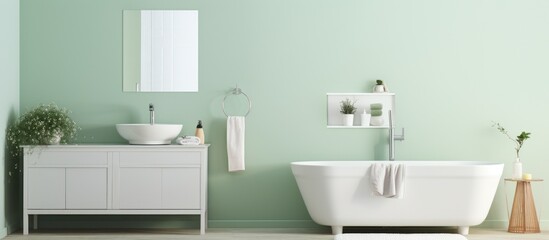 Fototapeta na wymiar A white ceramic bath tub is positioned next to a white sink in a modern bathroom with pastel green walls. The clean and minimalistic design enhances the overall aesthetic of the space.