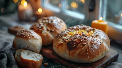 Poster Assorted bread on cutting board with candles, staple food for any cuisine © yuchen