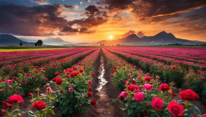 Outdoor kussens Red roses farm at sunset © Ooga Booga