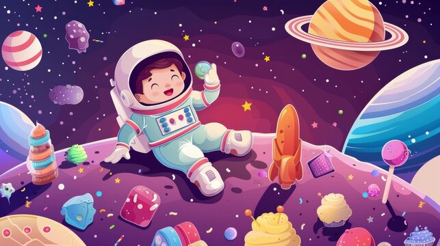 Space party on extraterrestrial landscape with sweets and candies around. Cartoon modern illustration of a child astronaut on an alien planet with sweets and candies.