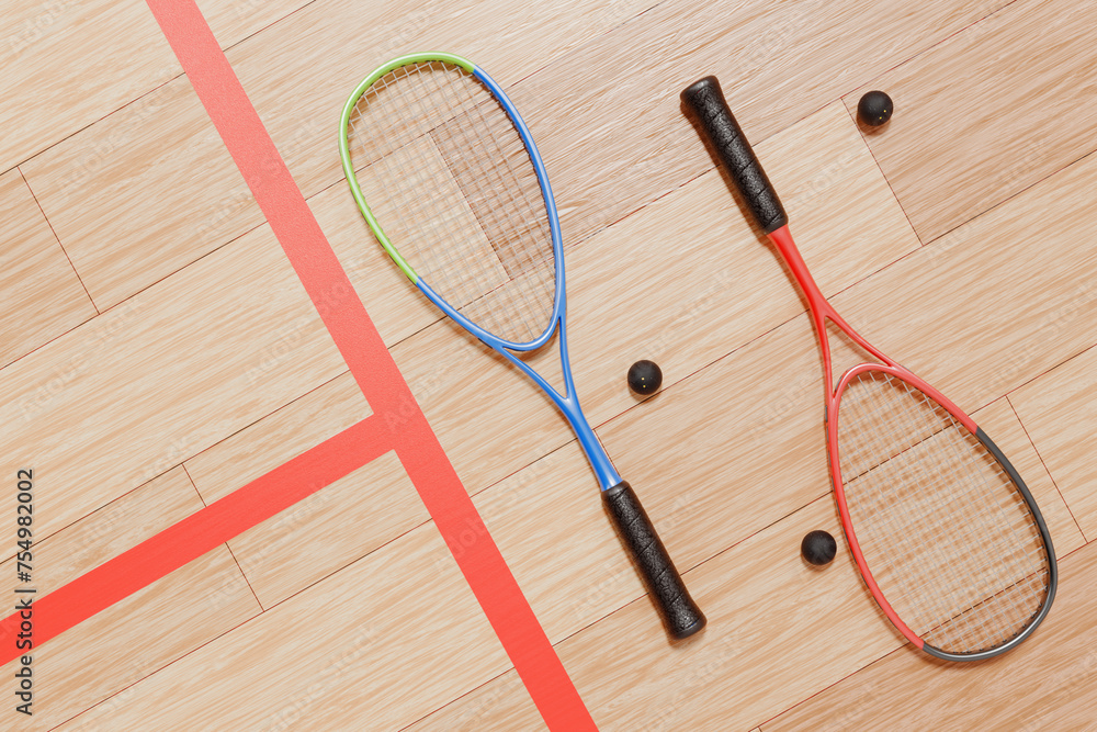 Wall mural squash rackets and balls lie on the parquet floor of the court. 3d rendering