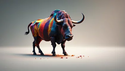 Foto op Canvas  a multicolored bull is standing in the middle of a room with a gray wall and a gray background. © Velko