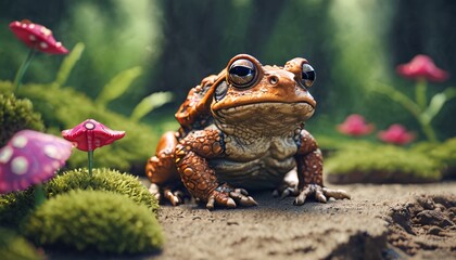  a close up of a frog on a dirt ground with flowers in the back ground and trees in the background. - obrazy, fototapety, plakaty