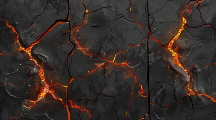 Volcanic magma glow in cracking holes, damaged land surface. Damage fissure effect after earthquake disaster, isolated on black background. - obrazy, fototapety, plakaty