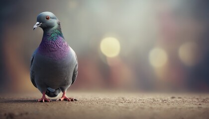  a close up of a pigeon on a ground with boke of light in the back ground and a blurry background.