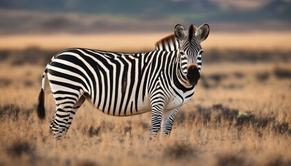  a close up of a zebra in a field of grass with mountains in the back ground and a sky in the background.