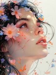 portrait of beautiful girl with flowers with iridescent opalescent colours style