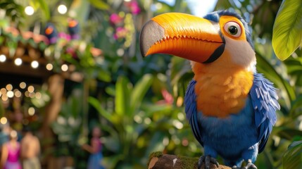 a close up of a bird on a branch with a lot of plants in the back ground and lights in the background.
