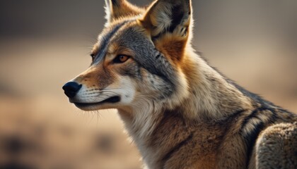 Fototapeta premium a close up of a wolf's face with a blurry back ground in the foreground and a blurry back ground in the background.