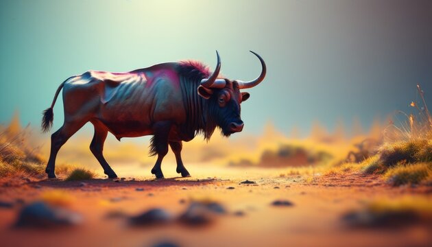  a painting of a bull standing in the middle of a desert with grass and rocks in the foreground and a bright blue sky in the background.