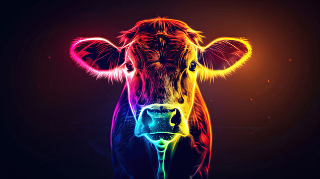 glowing neon light effect head of a cow, bright advertising design element, cow logo light signboard banner for veterinary clinic, pet shop, night club concept