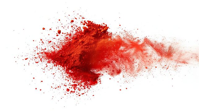 A 3D illustration of a chili powder splash, a spicy burst, and a dust explosion on a white background. A realistic illustration with a spice splatter, dust explosion, or red color explosion on a