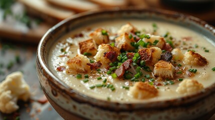 Comfort food dish soup with croutons, bacon, fines herbes in a cassolette