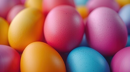 a pile of colorful eggs sitting next to each other on top of a blue and yellow tablecloth on a table.