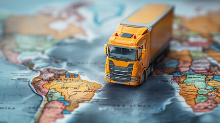 Truck model on world map , transportation of goods between countries on the road concept image