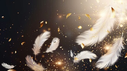 Flying golden colored bird or angel quills, sparkles and ribbons on a white background with gold glitter and confetti. Modern poster with realistic illustrations.