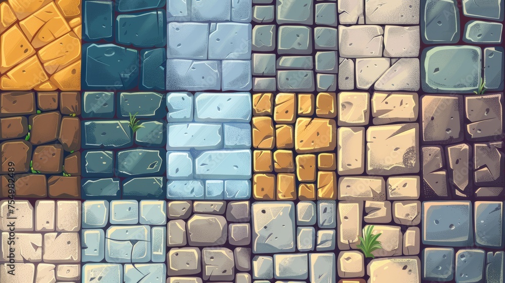 Poster floor and wall textures of stone for a game background. cartoon seamless patterns of cobblestones an