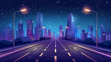 Night city road with illuminated street lamps and a city skyline full of modern skyscrapers under a dark starry sky. Cartoon modern illustration of megalopolis infrastructure under a starry sky.