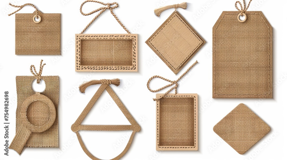 Poster the tags are made from brown canvas material with stitching. modern illustration of textile tags in 