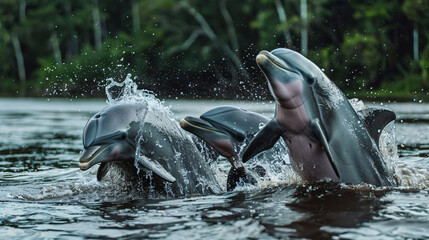 Playful river dolphins frolicking in the winding