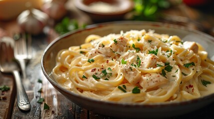 Al dente pasta with chicken, cheese on wooden table, fork