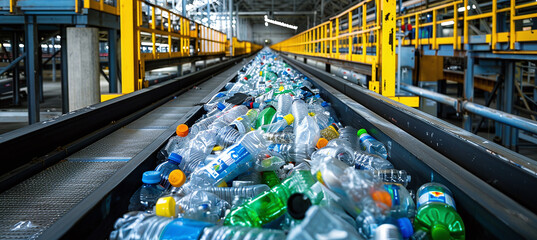 Conveyor belt with plastic recyclables at the enterprise, waste recycling and disposal concept - obrazy, fototapety, plakaty