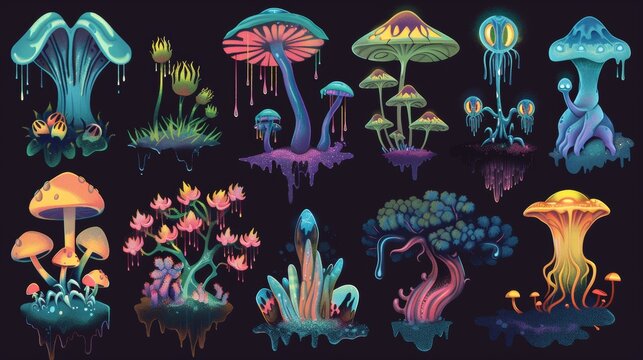 Flower, grass, and fungus from strange planet or world. Modern illustration of bizarre fungus and grass with an eerie glow.