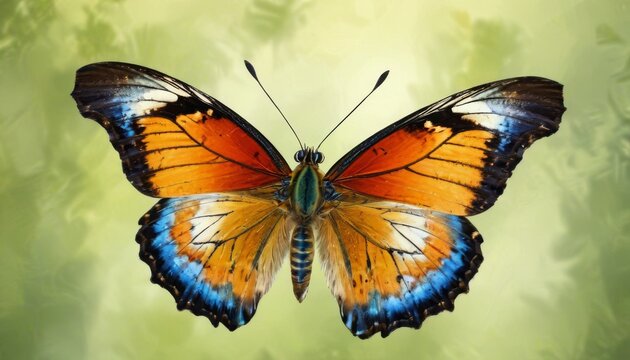  a close up of a colorful butterfly on a leafy green background with a blurry image in the background.