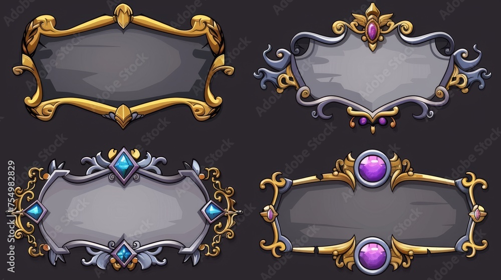 Poster modern cartoon set of empty banners with ancient fancy gold and metal borders and purple gems in med