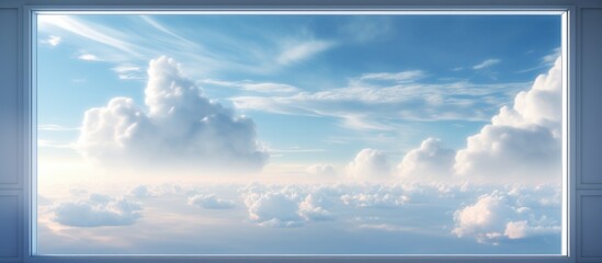 A serene natural landscape captured through a window, showing a cloudy sky with cumulus clouds and a calm atmosphere over the water horizon