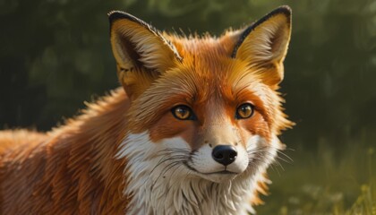 Fototapeta premium a close up of a fox's face with a blurry background of grass and trees in the background.