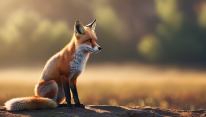  a red fox sitting on top of a dirt field next to a field of green and yellow grass with trees in the background.