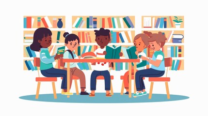Students studying together, reading books. Modern illustration of happy kids at a table in a school library or classroom.