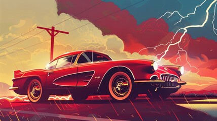 Vintage car under stormy sky - A classic car is parked under a vibrant thunderstorm, capturing the contrasting emotions of nostalgia and nature's fury