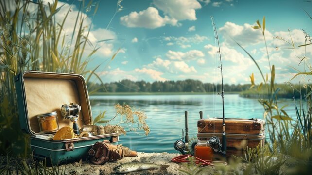 Tranquil fishing setup by the calm lake - An inviting image of fishing equipment laid out by a serene lake under a sunny sky, evoking feelings of relaxation and recreation