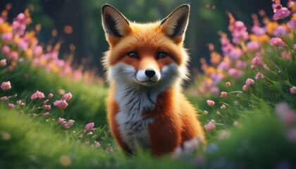 Fototapeta premium a close up of a fox in a field of flowers with a blurry background of pink and yellow flowers.