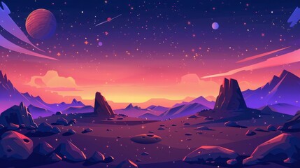 A dark martian surface and stars and Saturn in the sky. Modern illustration of a space game background with ground, mountains, stars and Saturn in the sky. - obrazy, fototapety, plakaty